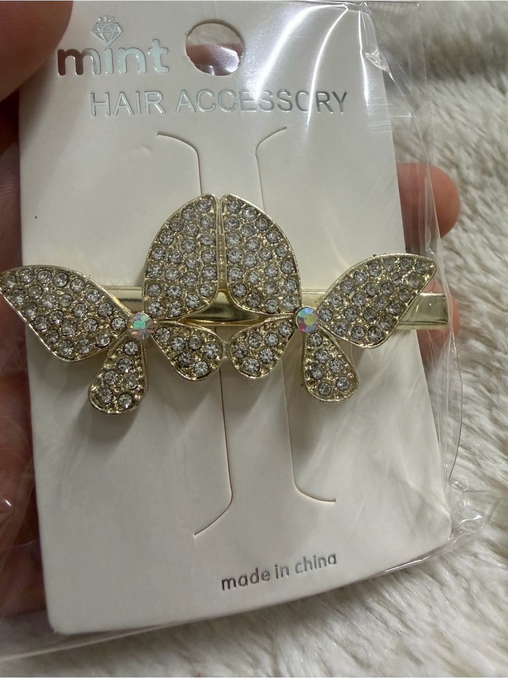 Mint Gold Rhinestone Triple Butterfly Hair Clip